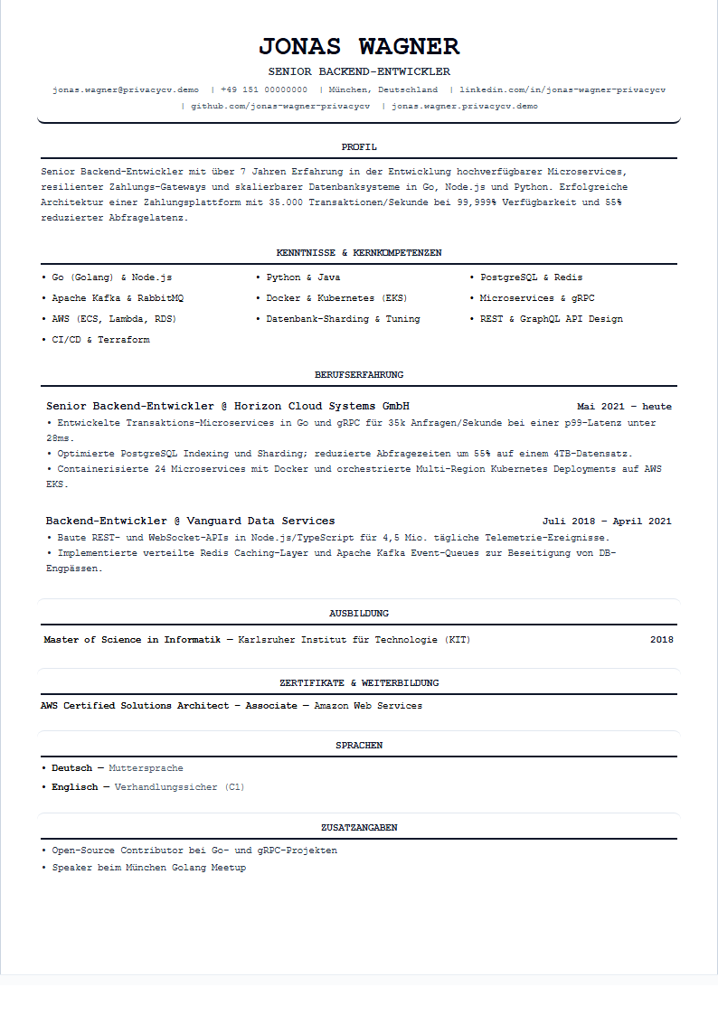 Backend-Entwickler Offizielles ATS-Lebenslaufdokument