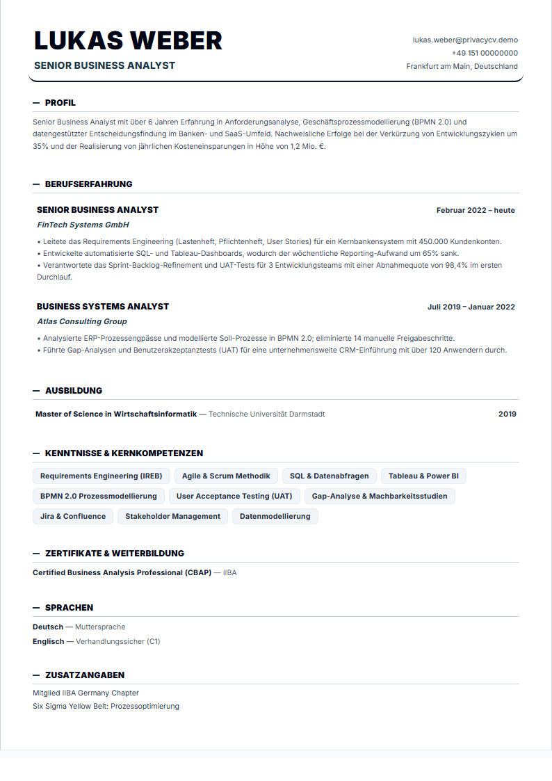 Business Analyst Offizielles ATS-Lebenslaufdokument