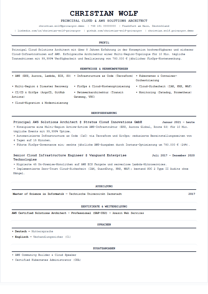 Cloud / AWS Architect Offizielles ATS-Lebenslaufdokument