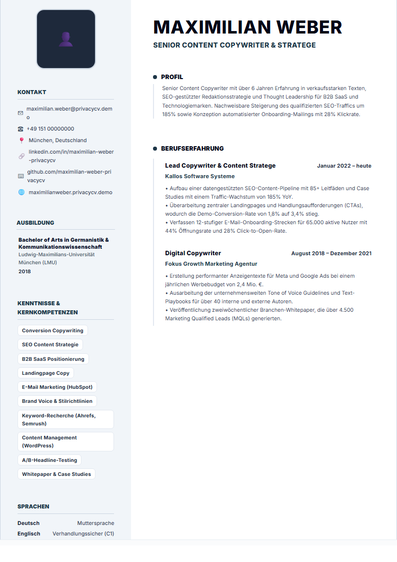Content Copywriter Offizielles ATS-Lebenslaufdokument