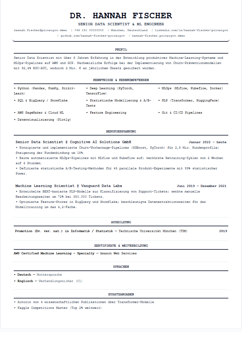 Data Scientist Offizielles ATS-Lebenslaufdokument