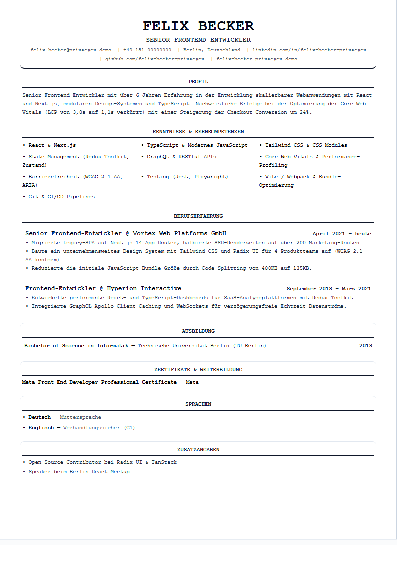 Frontend-Entwickler Offizielles ATS-Lebenslaufdokument