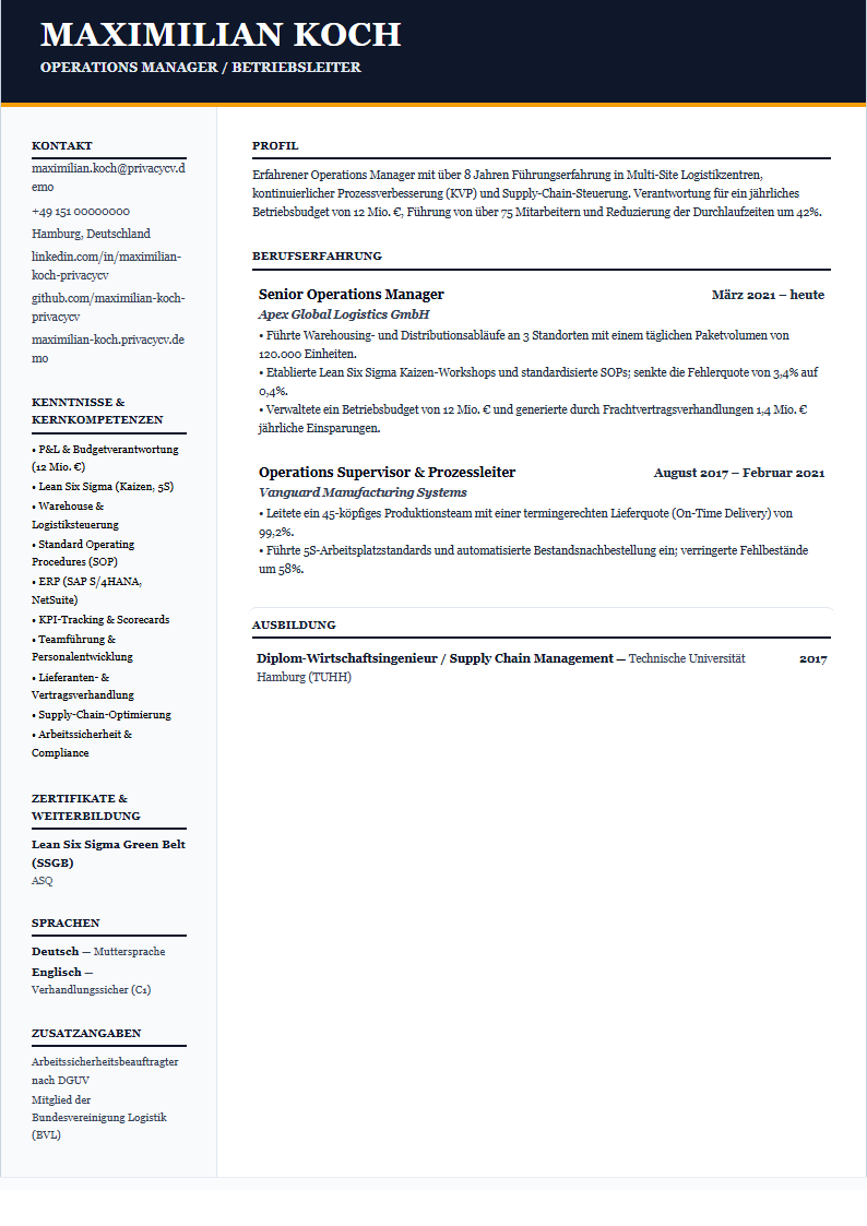 Operations Manager Offizielles ATS-Lebenslaufdokument