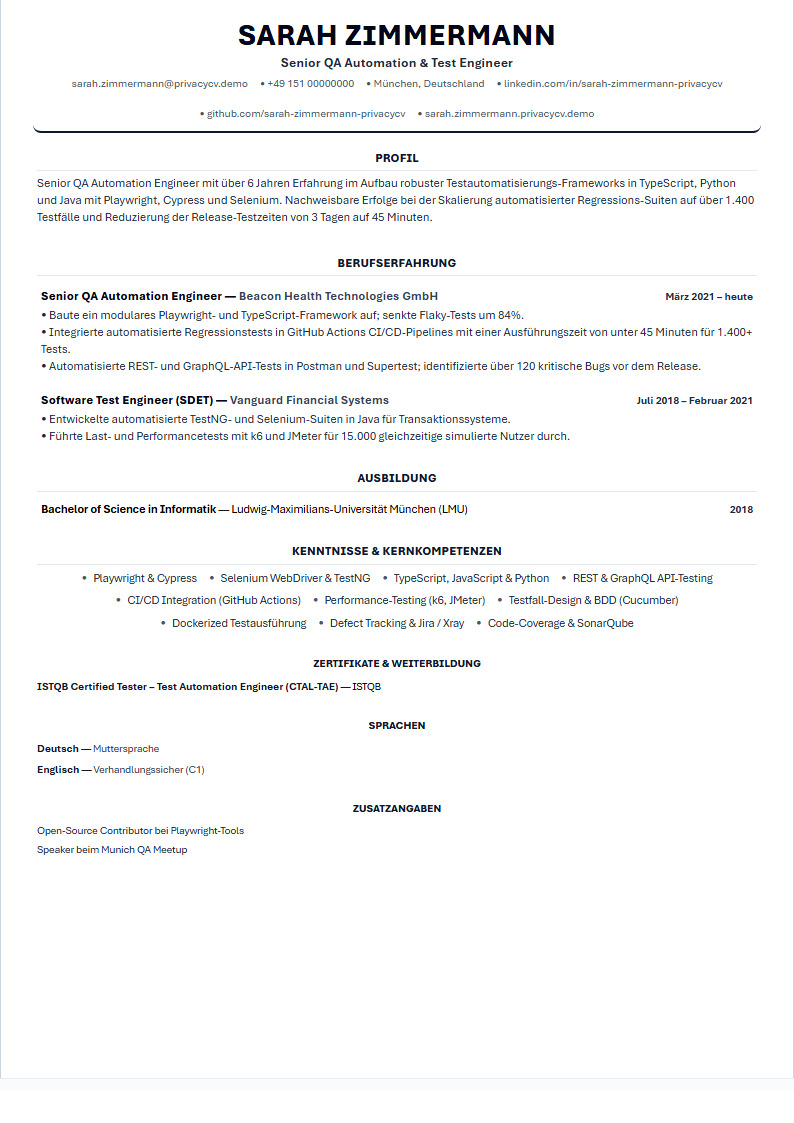 QA Automation Engineer Offizielles ATS-Lebenslaufdokument