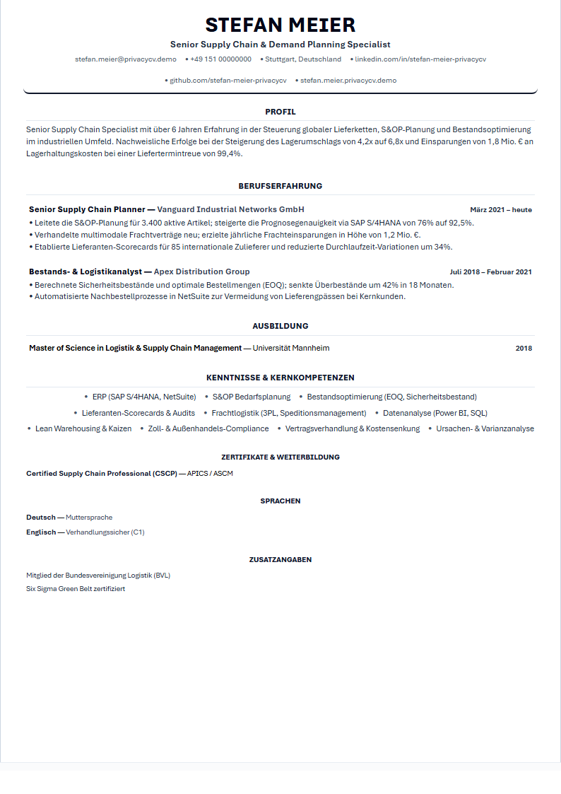 Supply Chain Specialist Offizielles ATS-Lebenslaufdokument