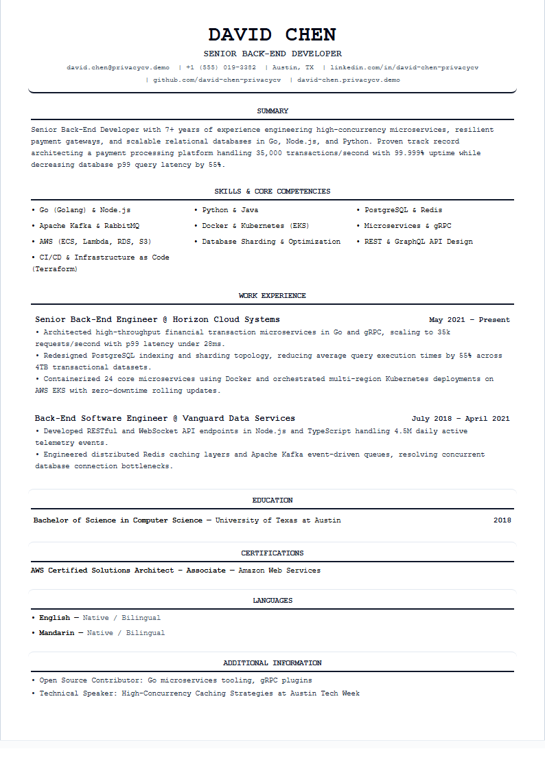 Back-End Developer Official ATS Resume Document