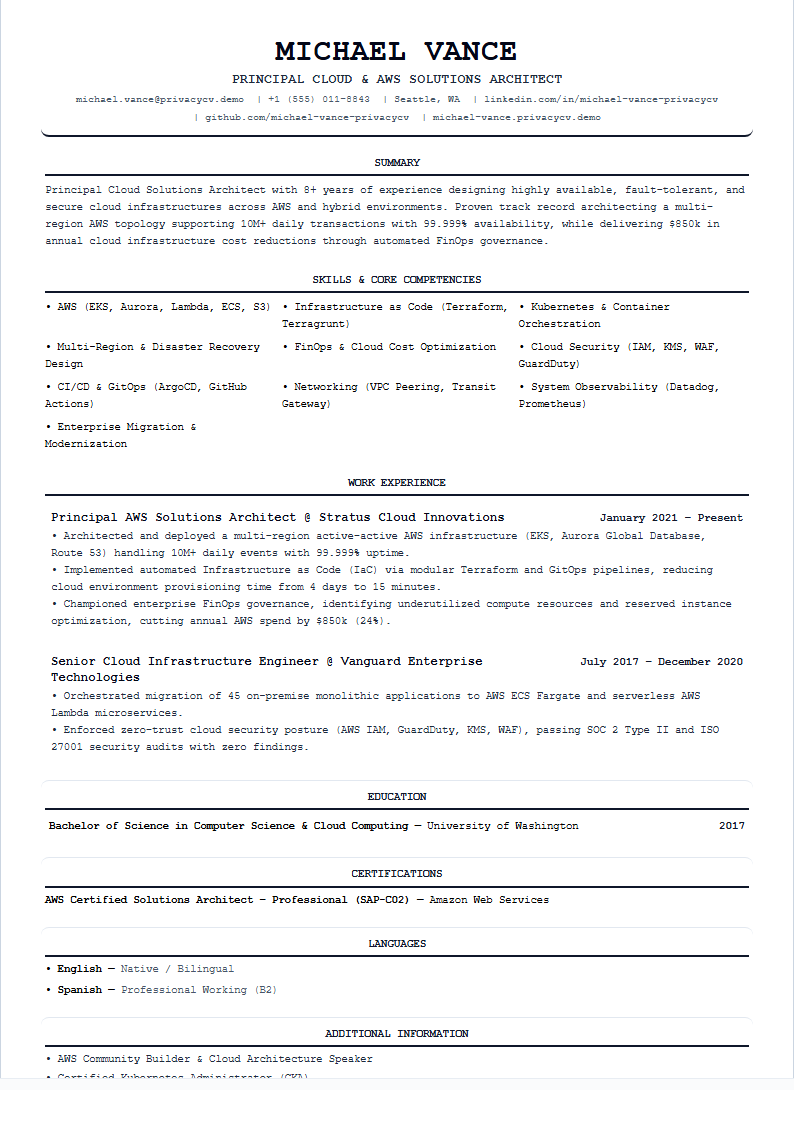 Cloud / AWS Architect Official ATS Resume Document