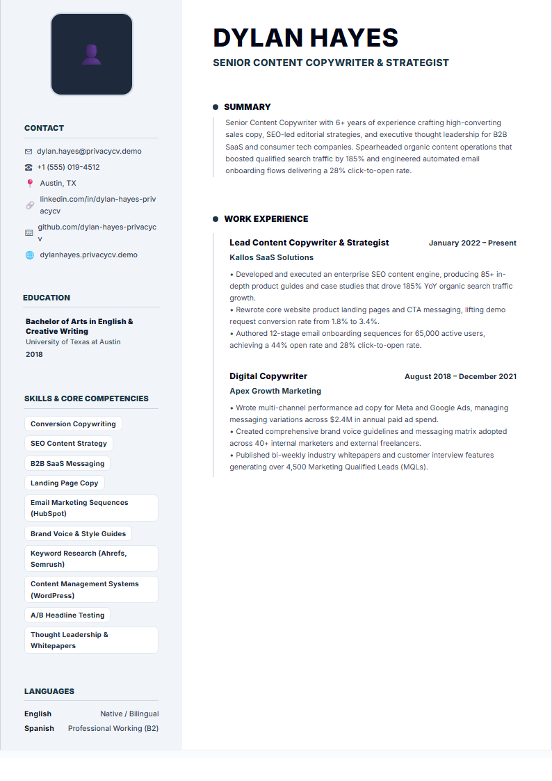 Content Copywriter Official ATS Resume Document