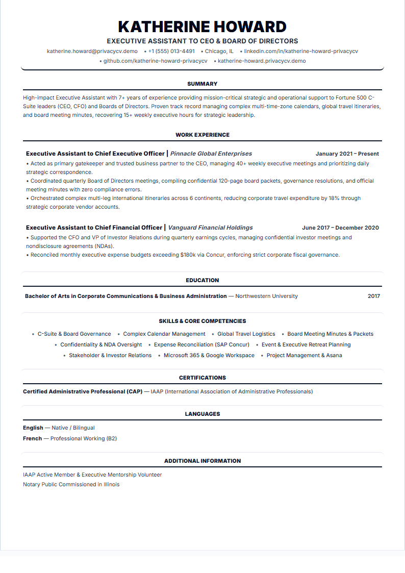 Executive Assistant Official ATS Resume Document
