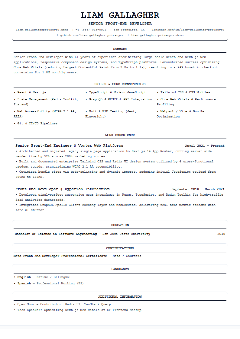 Front-End Developer Official ATS Resume Document