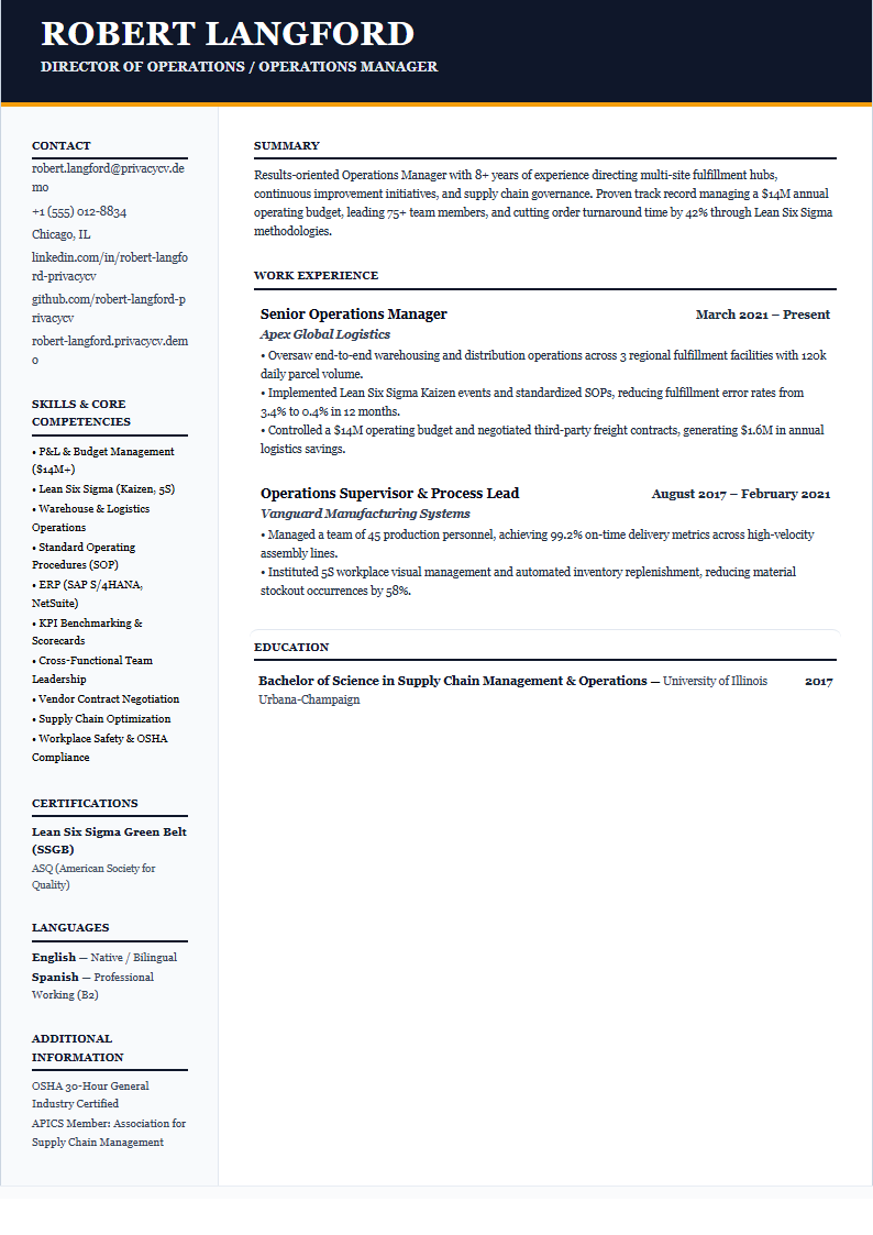 Operations Manager Official ATS Resume Document