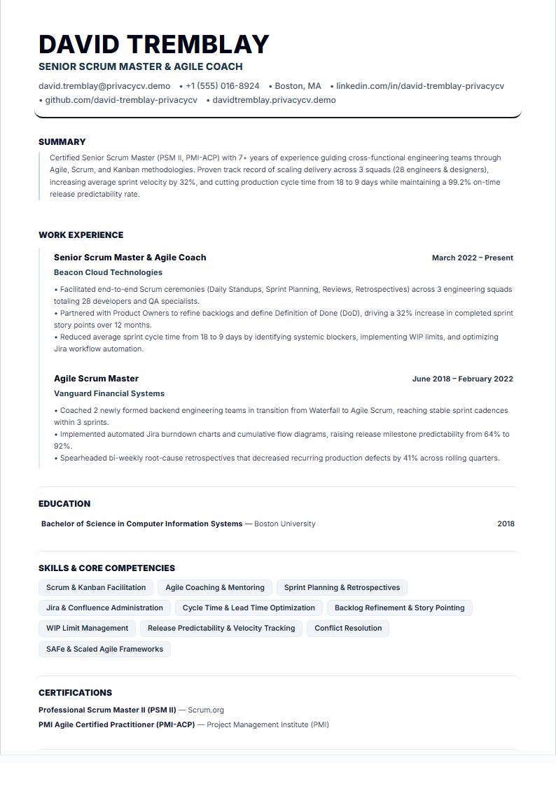 Scrum Master Official ATS Resume Document