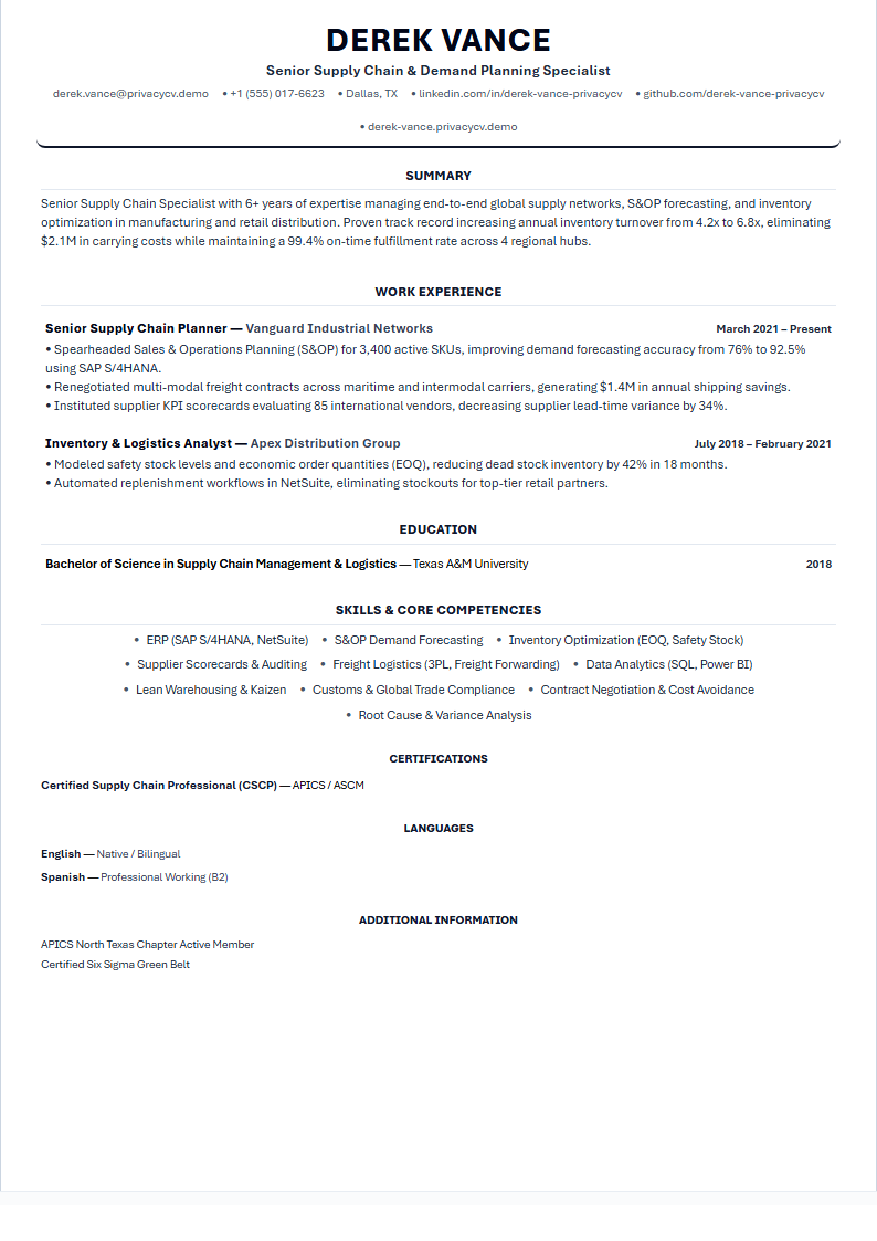 Supply Chain Specialist Official ATS Resume Document