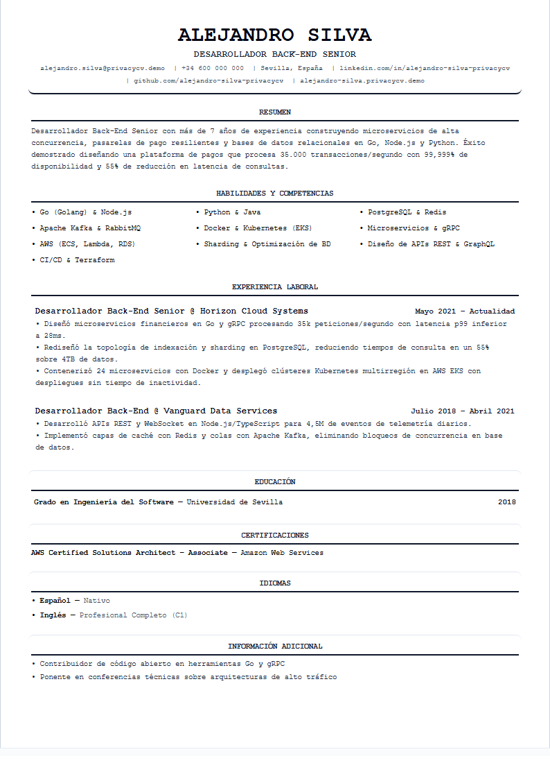 Desarrollador Back-End Documento de CV ATS Oficial