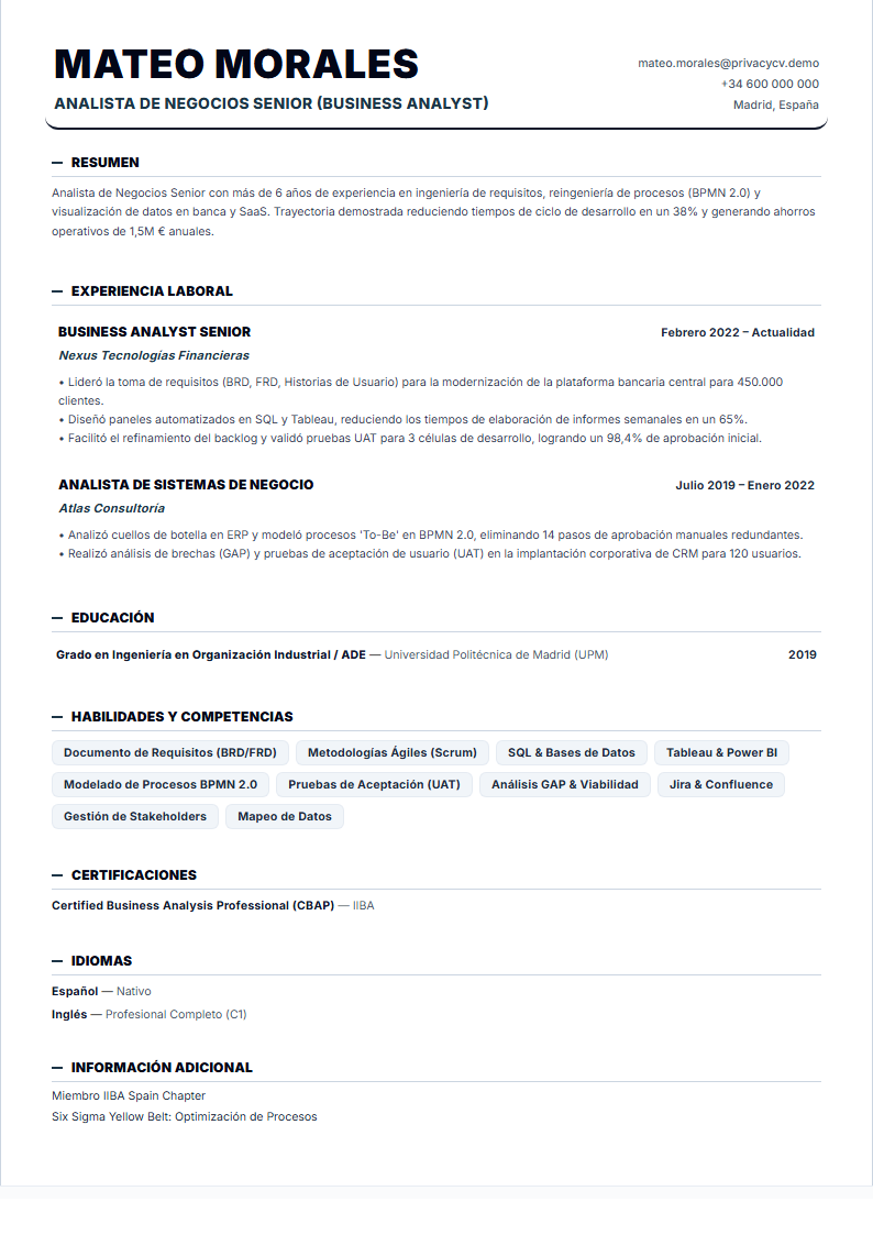 Analista de Negocios Documento de CV ATS Oficial