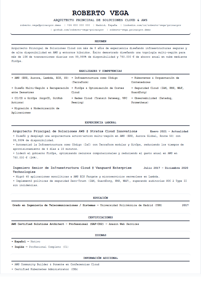 Arquitecto Cloud / AWS Documento de CV ATS Oficial