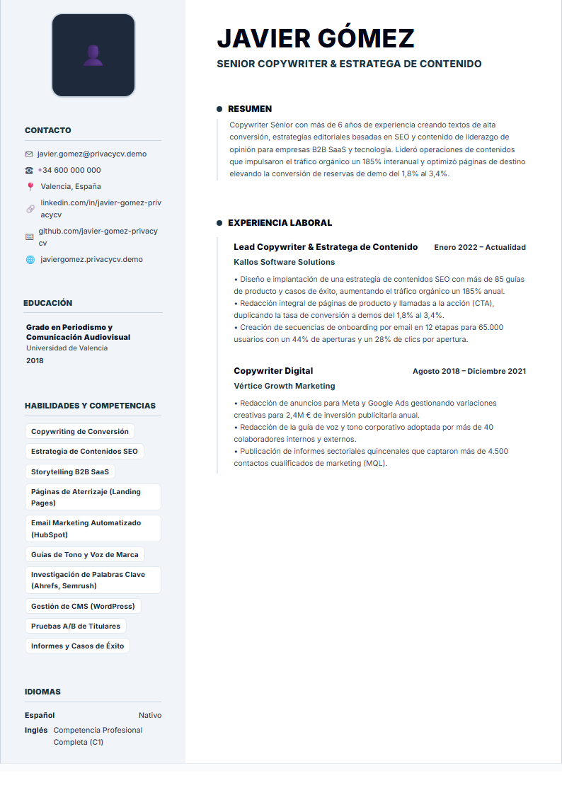 Copywriter & Estratega de Contenido Documento de CV ATS Oficial