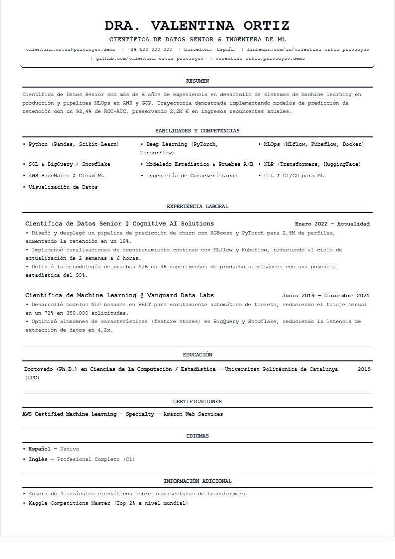 Científico de Datos Documento de CV ATS Oficial