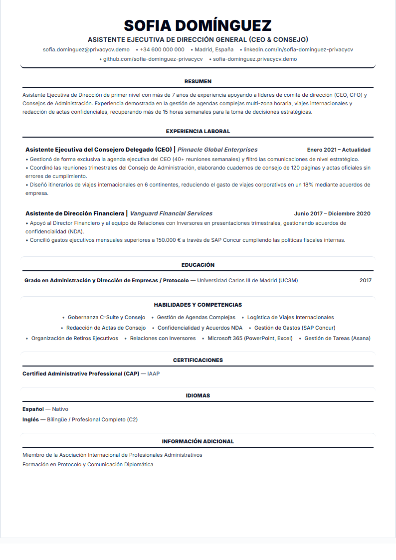 Asistente Ejecutiva (Executive Assistant) Documento de CV ATS Oficial
