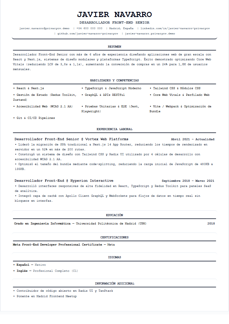 Desarrollador Front-End Documento de CV ATS Oficial