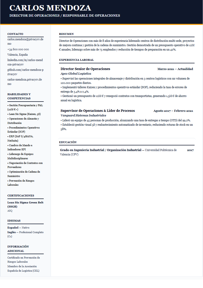 Director de Operaciones Documento de CV ATS Oficial