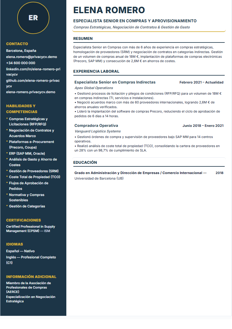 Especialista en Compras (Procurement Specialist) Documento de CV ATS Oficial