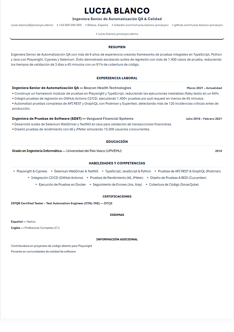 Ingeniero de Automatización QA Documento de CV ATS Oficial