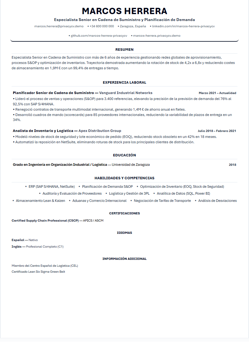 Especialista en Cadena de Suministro Documento de CV ATS Oficial