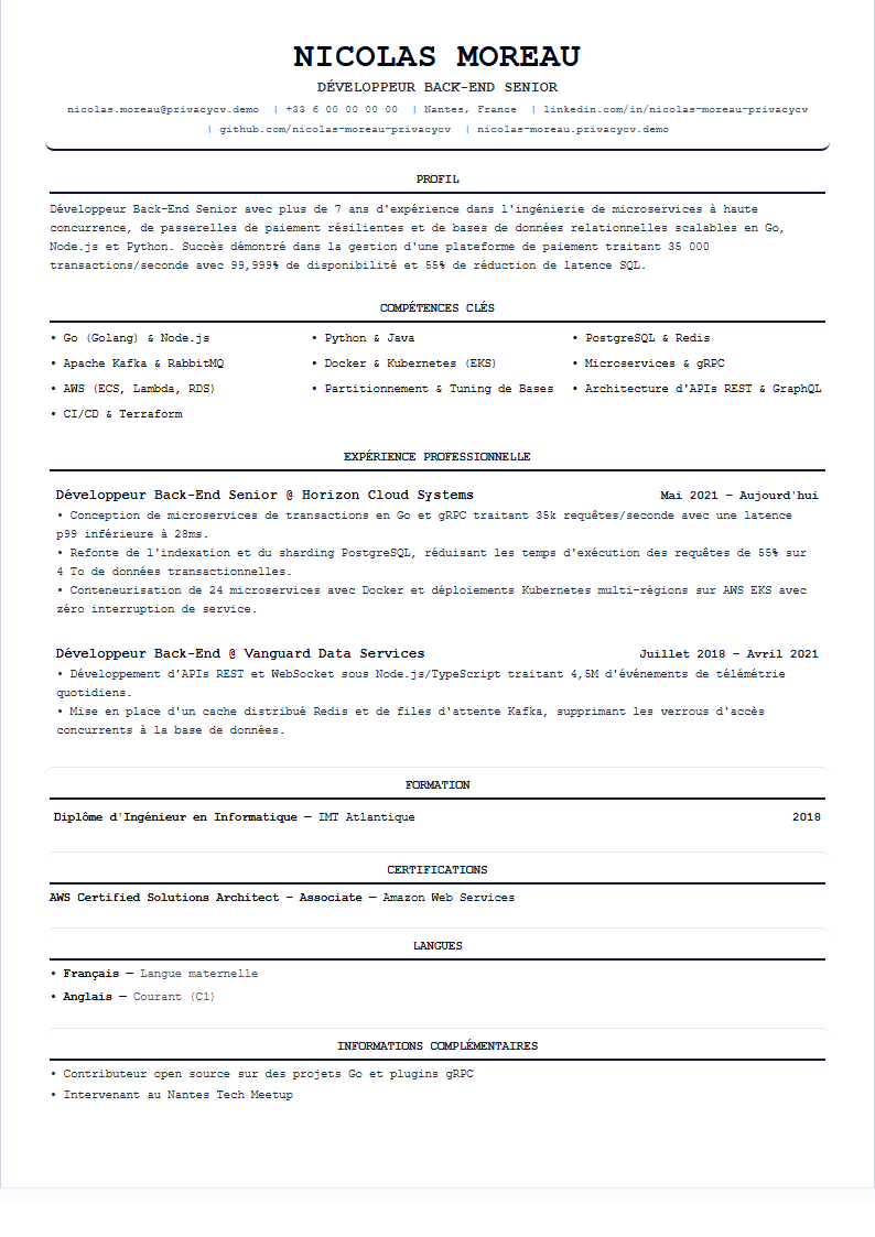 Développeur Back-End Document de CV ATS Officiel