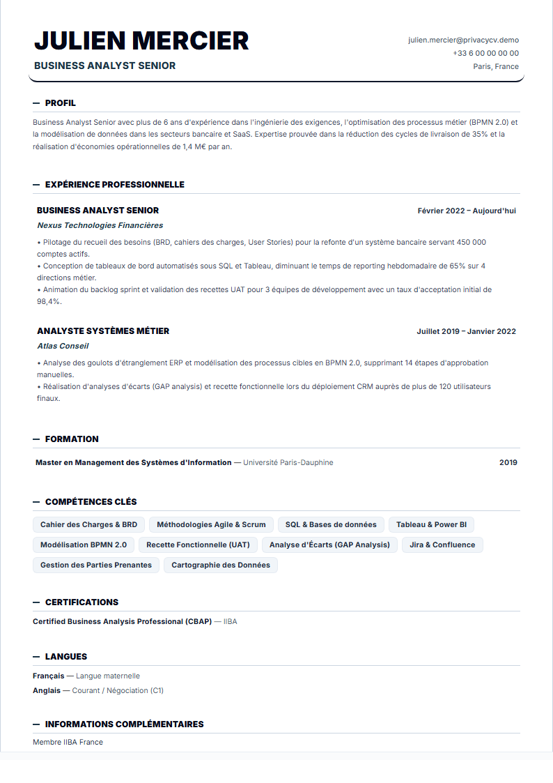 Business Analyst Document de CV ATS Officiel