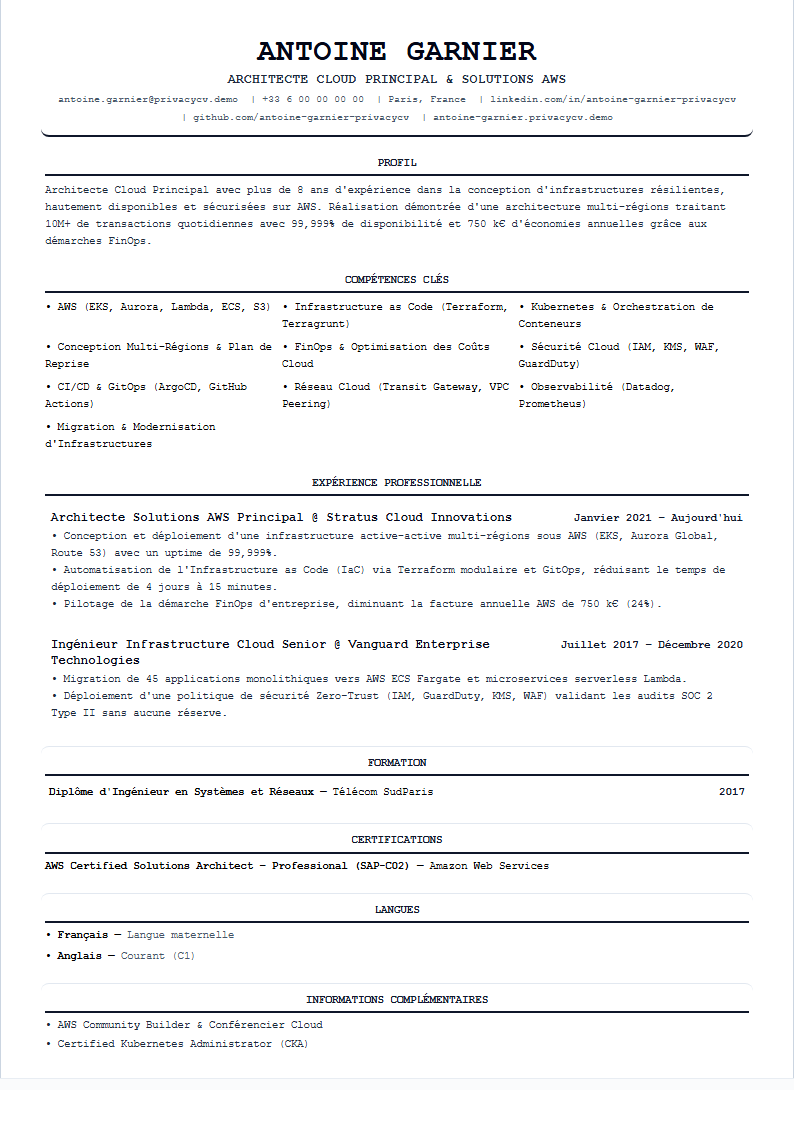 Architecte Cloud / AWS Document de CV ATS Officiel
