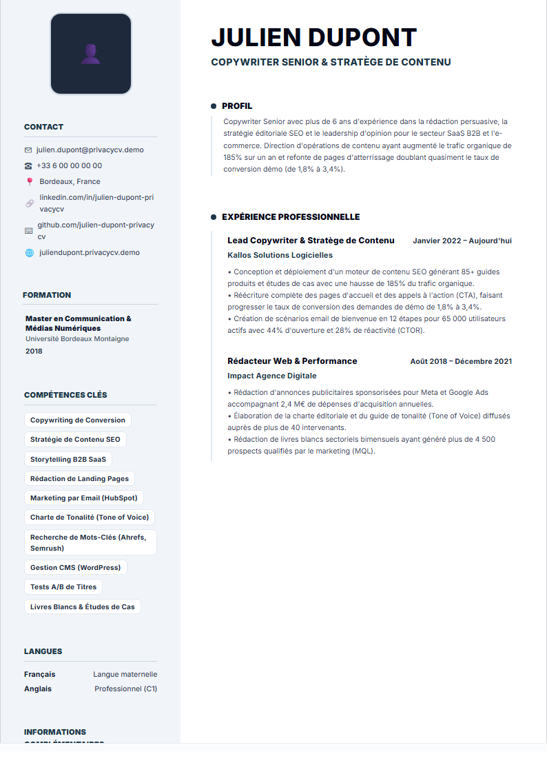 Rédacteur Publicitaire & Stratège de Contenu Document de CV ATS Officiel