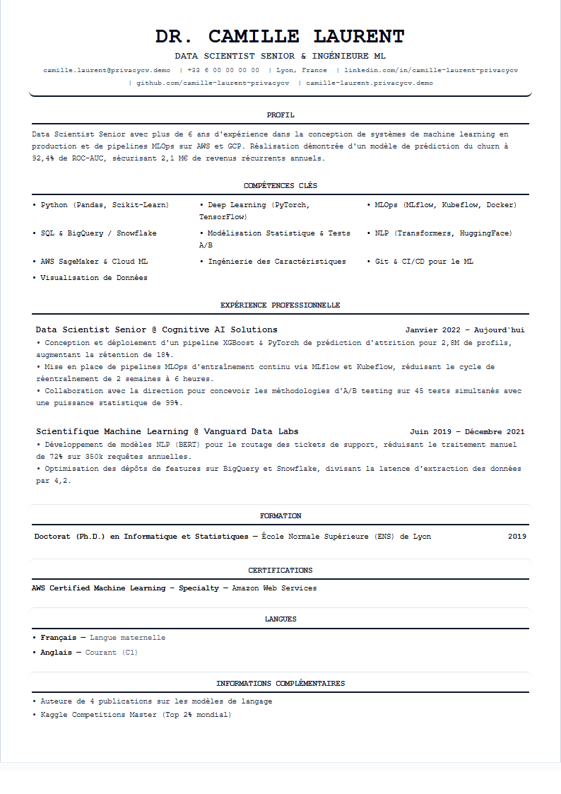 Data Scientist Document de CV ATS Officiel