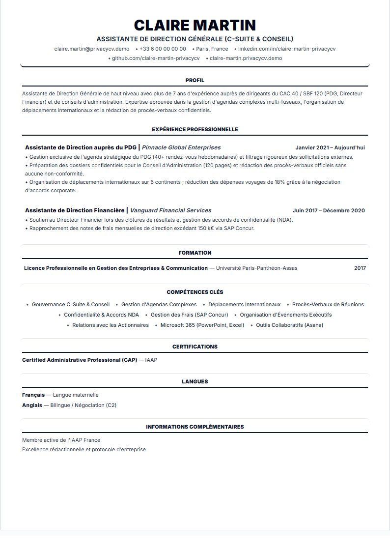 Assistante de Direction (Executive Assistant) Document de CV ATS Officiel