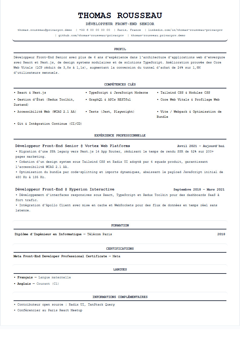 Développeur Front-End Document de CV ATS Officiel