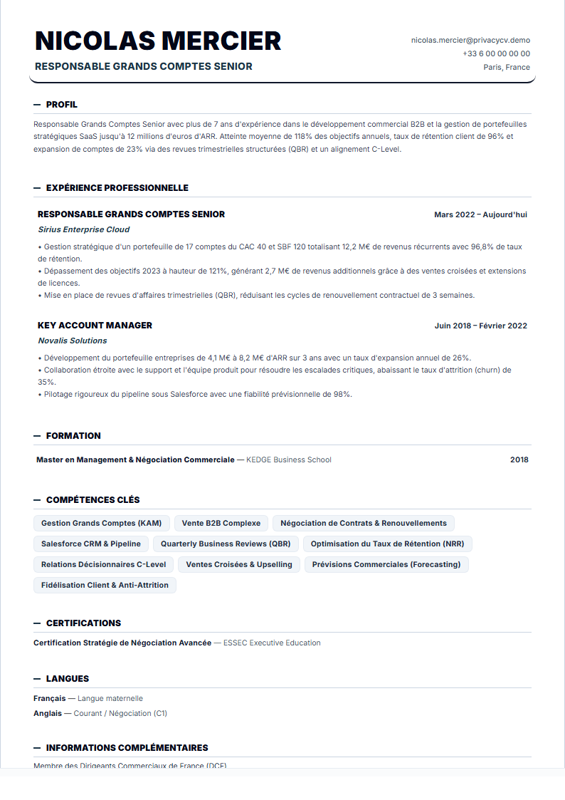 Responsable Grands Comptes Document de CV ATS Officiel