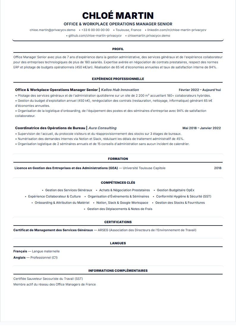 Office Manager Document de CV ATS Officiel