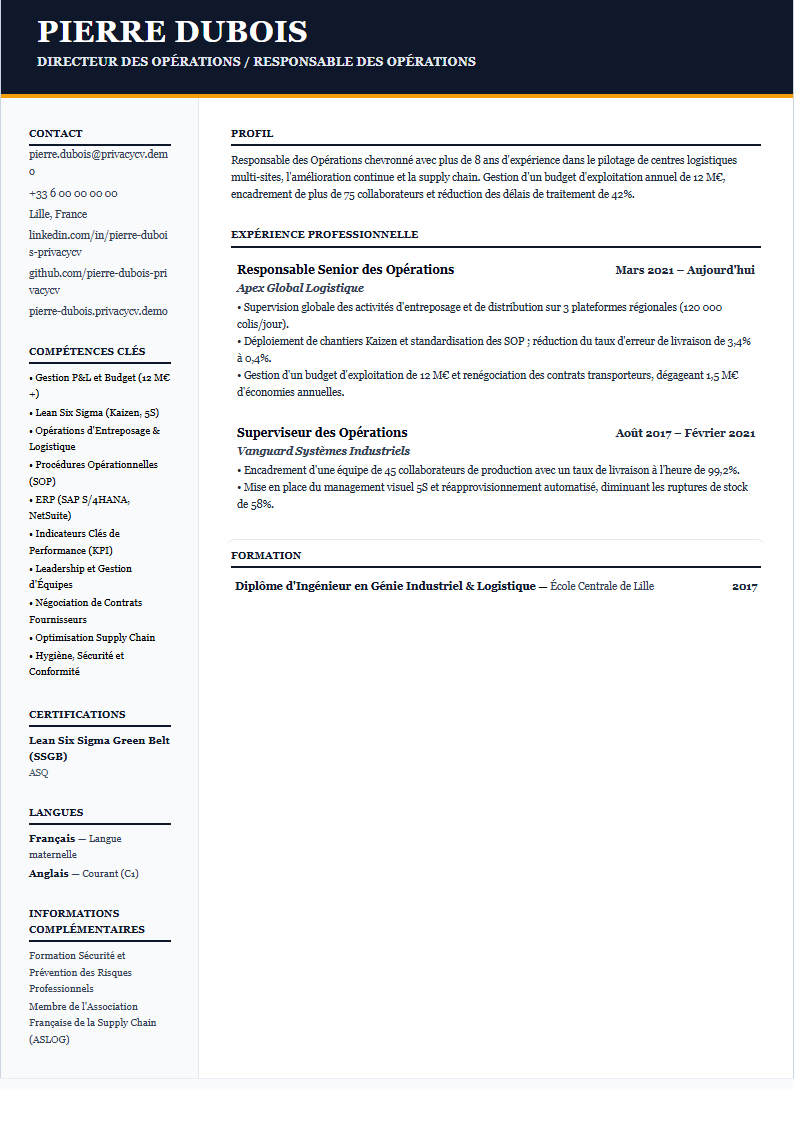 Responsable des Opérations Document de CV ATS Officiel