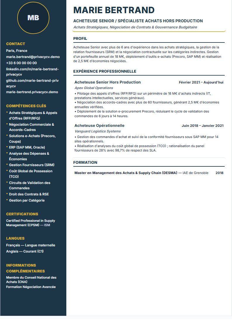 Acheteur (Procurement Specialist) Document de CV ATS Officiel