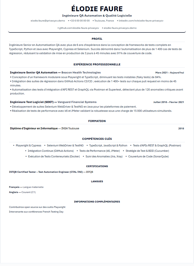 Ingénieur Automatisation QA Document de CV ATS Officiel