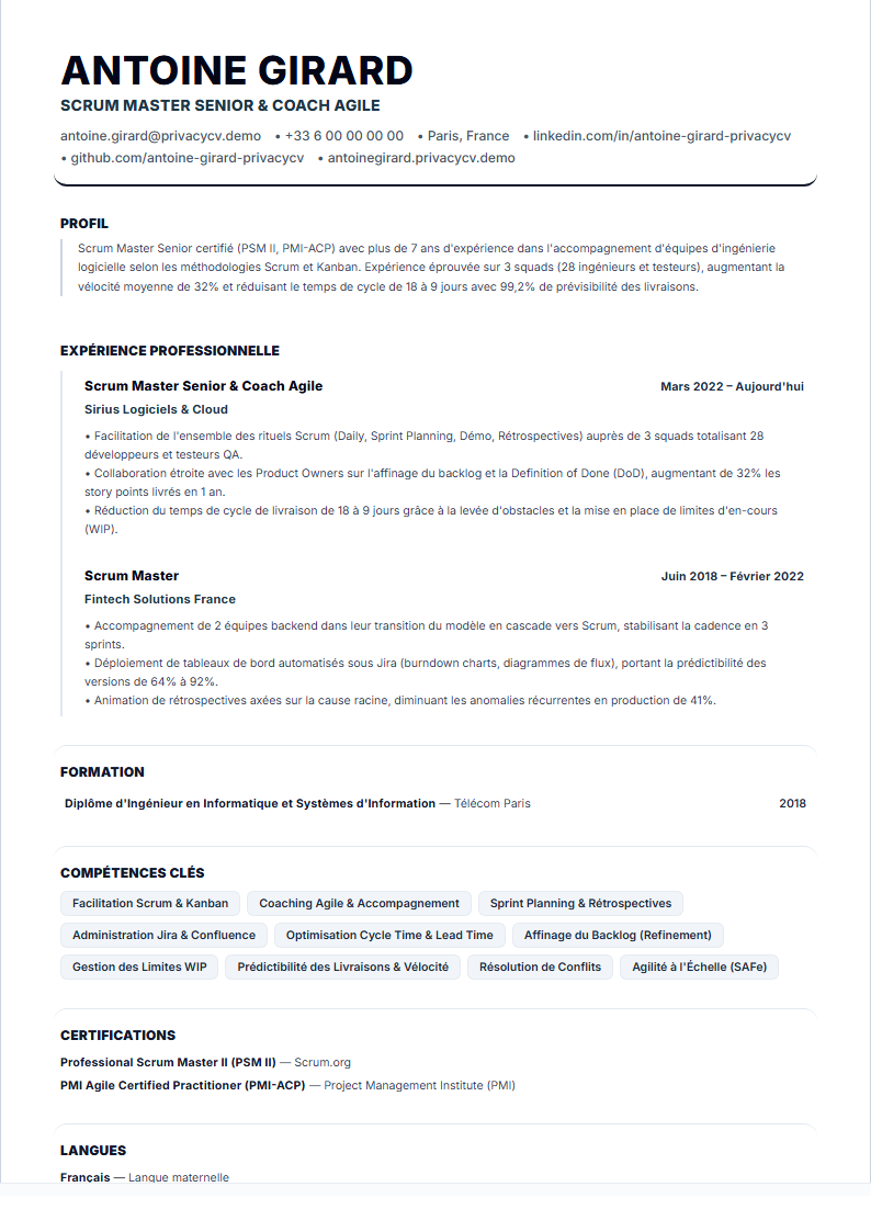 Scrum Master Document de CV ATS Officiel