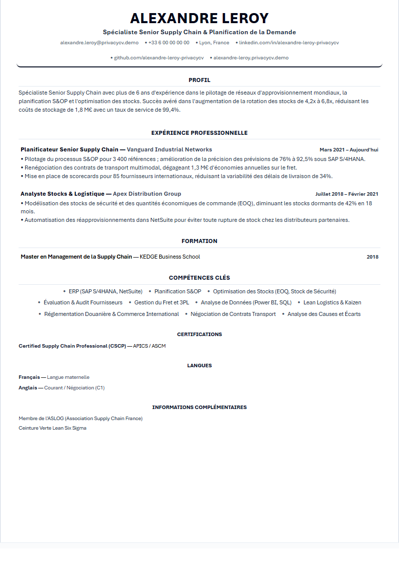 Spécialiste Supply Chain Document de CV ATS Officiel