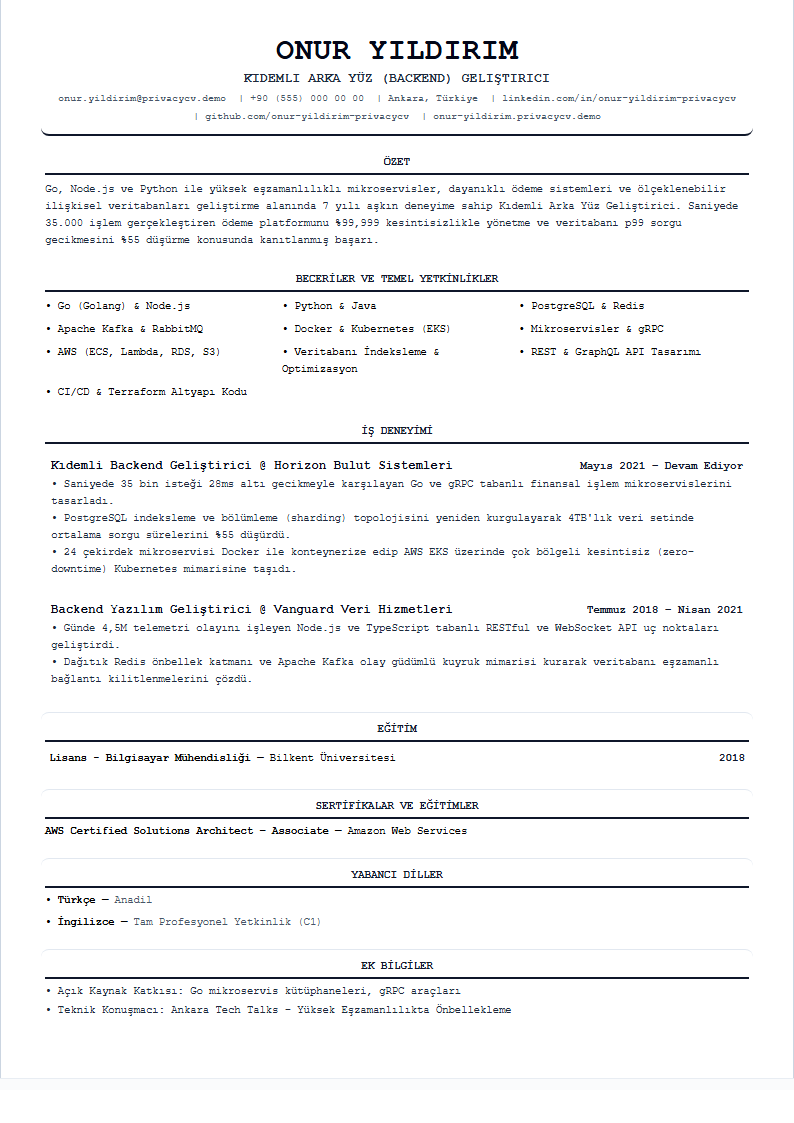 Arka Yüz (Backend) Geliştirici Resmi ATS CV Belgesi