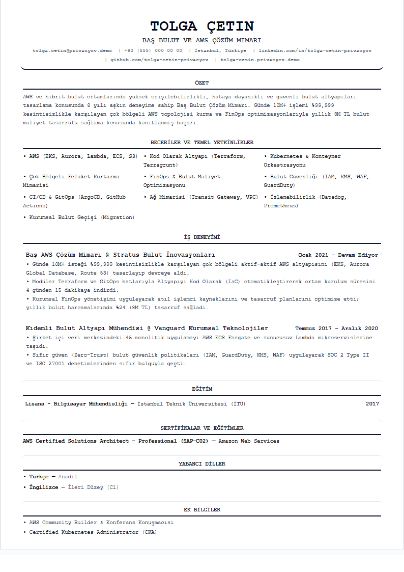 Bulut / AWS Mimarı Resmi ATS CV Belgesi