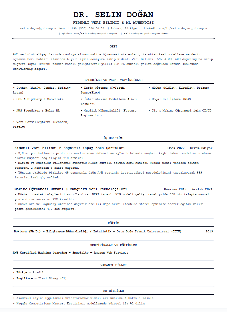 Veri Bilimci Resmi ATS CV Belgesi