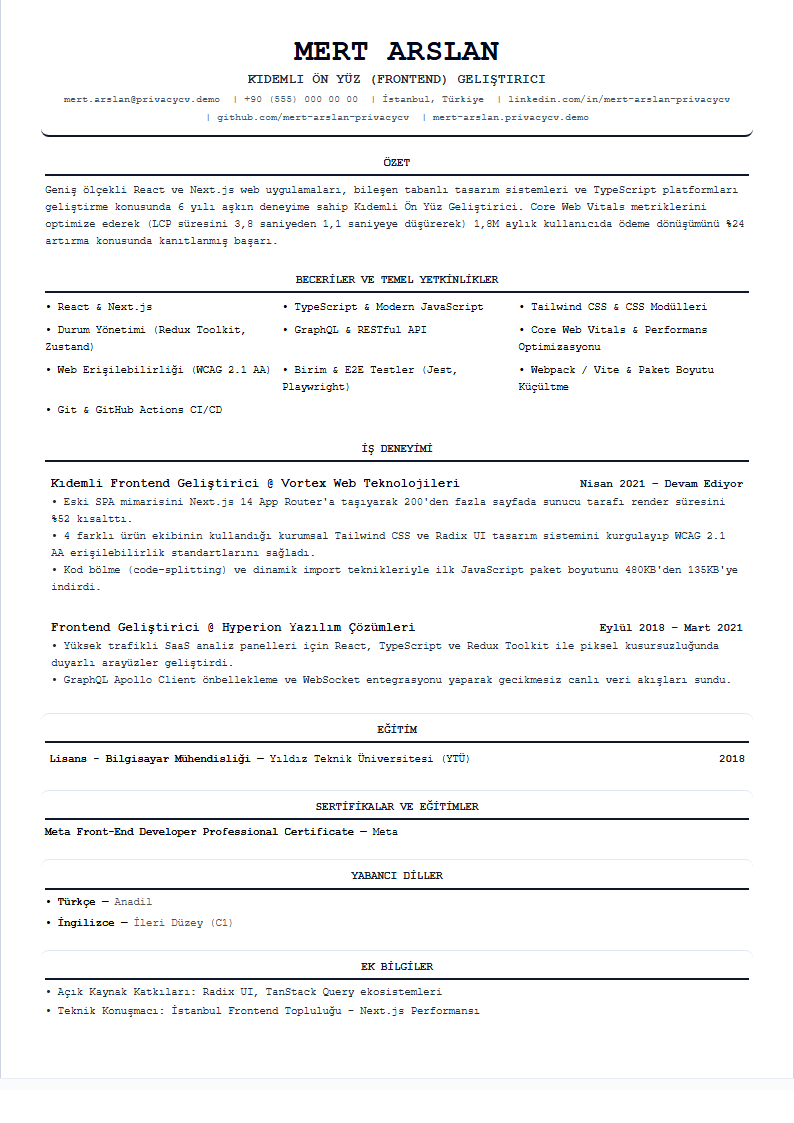 Ön Yüz (Frontend) Geliştirici Resmi ATS CV Belgesi