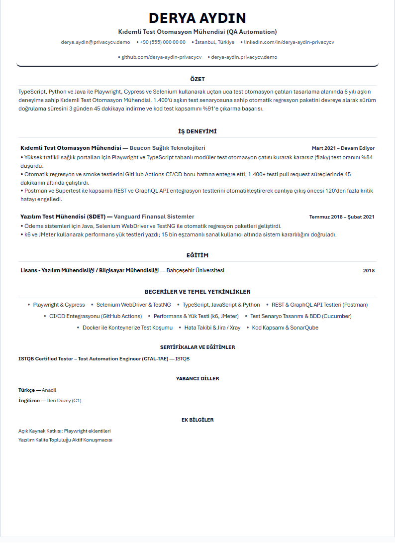 Test Otomasyon Mühendisi (QA) Resmi ATS CV Belgesi