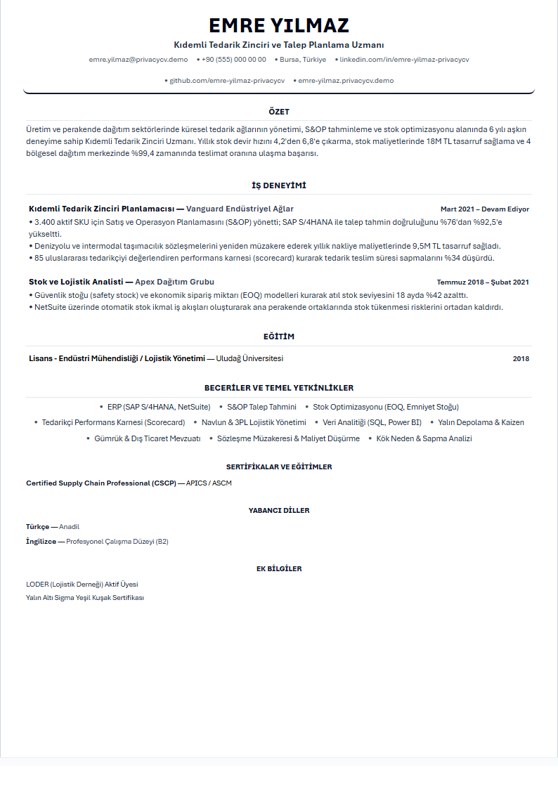 Tedarik Zinciri Uzmanı Resmi ATS CV Belgesi