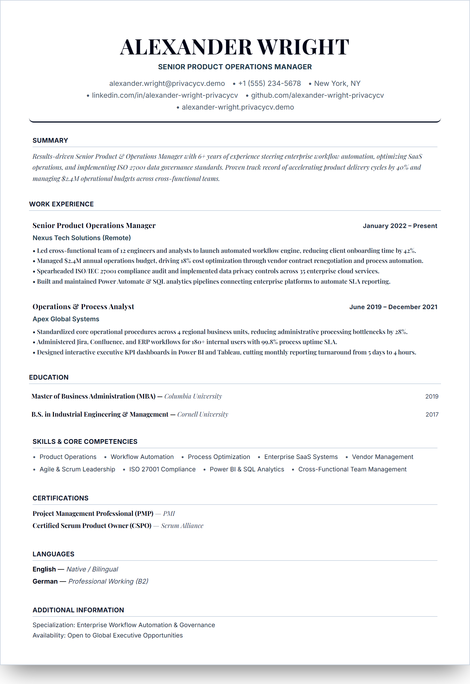 Estrategia y Consultoría Live Resume Template Preview