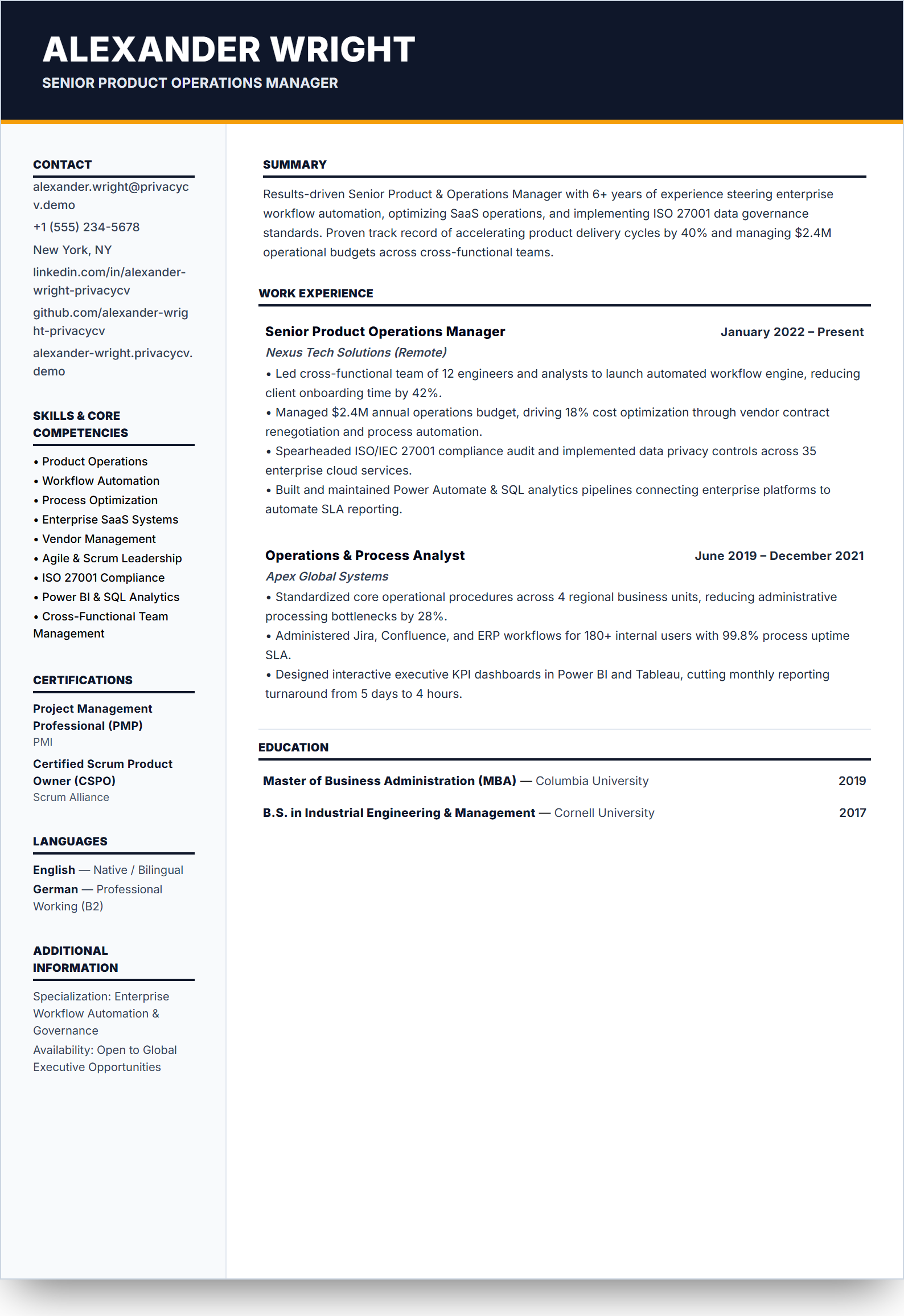 Ejecutivo Mínimo Live Resume Template Preview